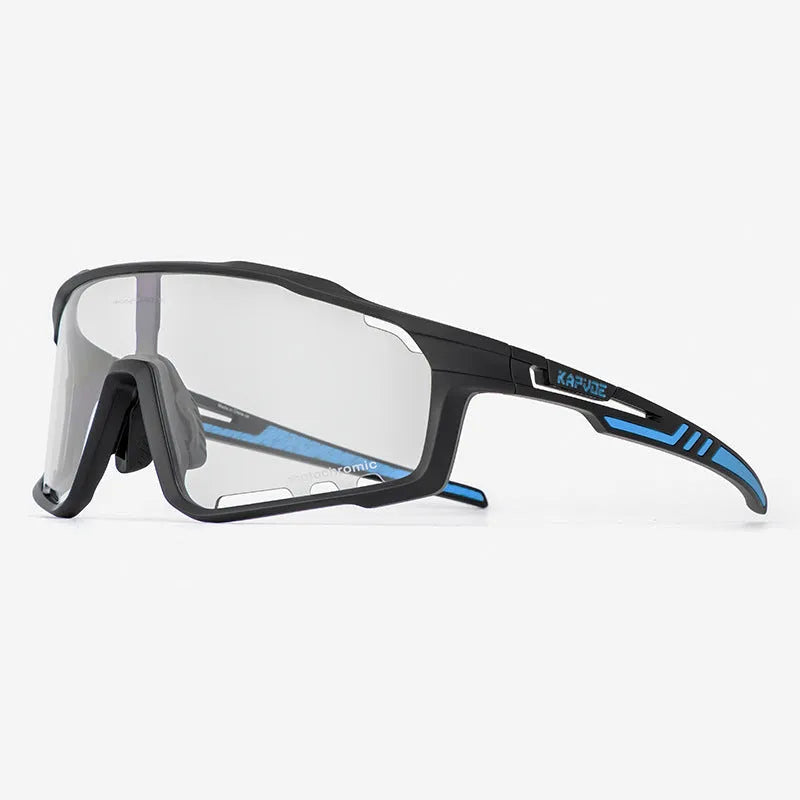 Unisex semi-rimless cycling sports goggles with a photochromic lens and TR90 frame on a solid colour background.
