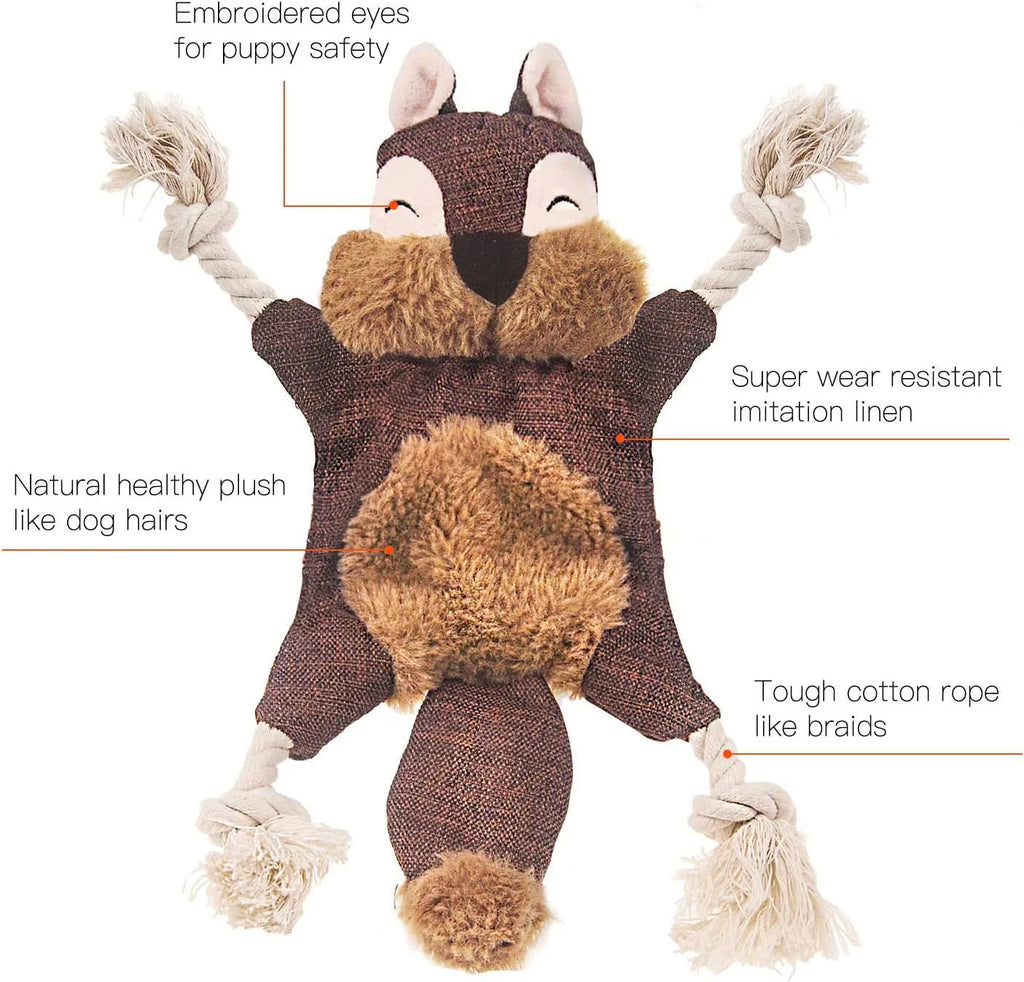 Brown fox dog toy with squeaker and crinkle paper, cotton rope arms and legs, embroidered eyes