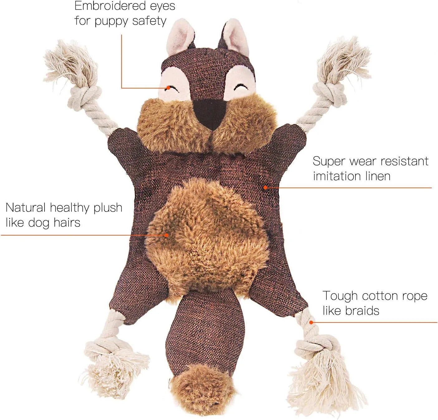Brown fox dog toy with squeaker and crinkle paper, cotton rope arms and legs, embroidered eyes