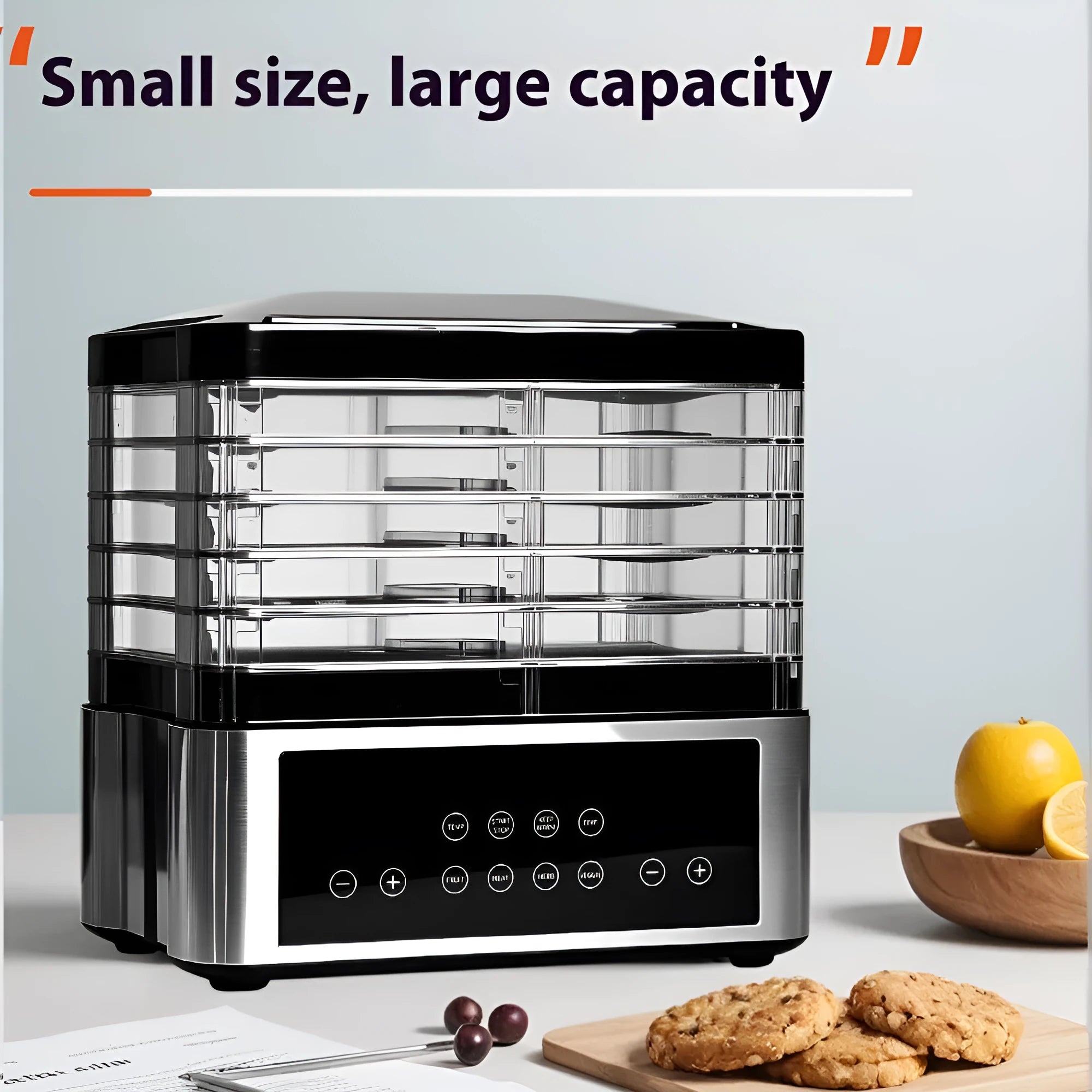 Silver stainless steel fruit dehydrator with 14 litre capacity and digital temperature control display