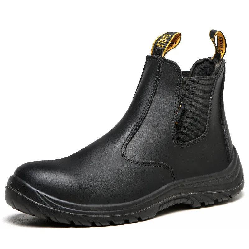 Black leather high-top safety work boots with anti-piercing sole on a neutral background