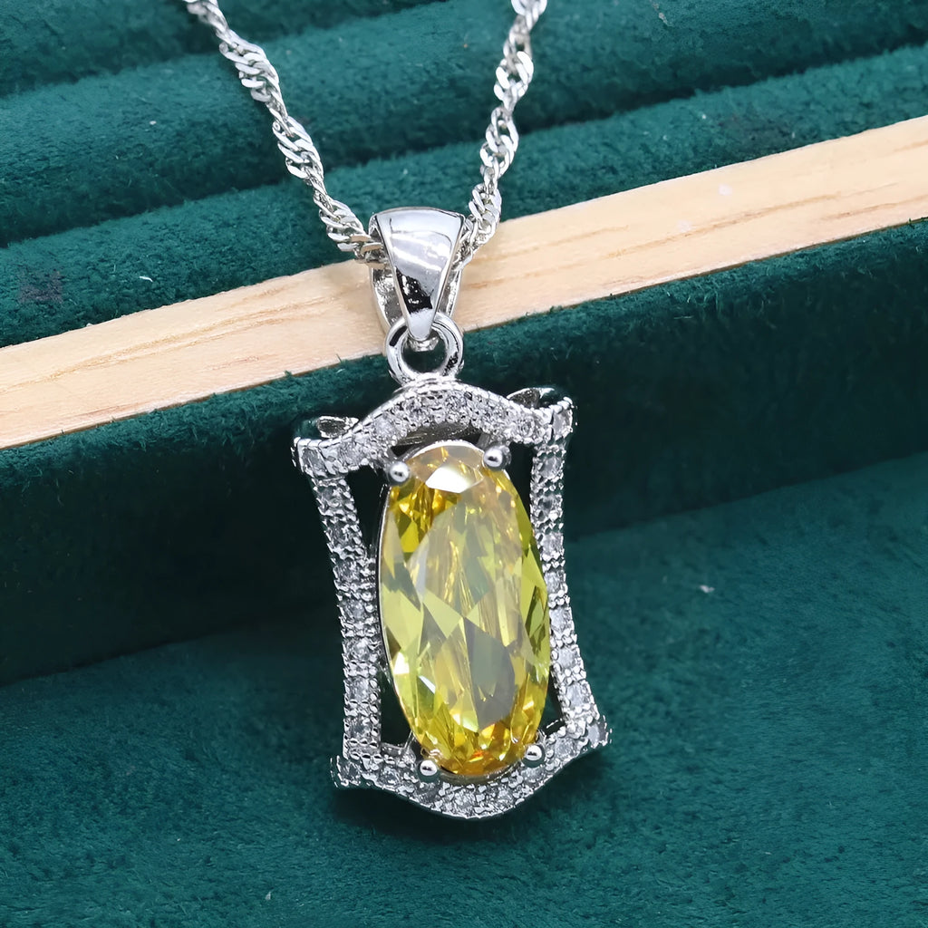 Women's anti-allergy zircon jewellery set with snake bone chain necklace, matching earrings, ring and bracelet in yellow or olive.