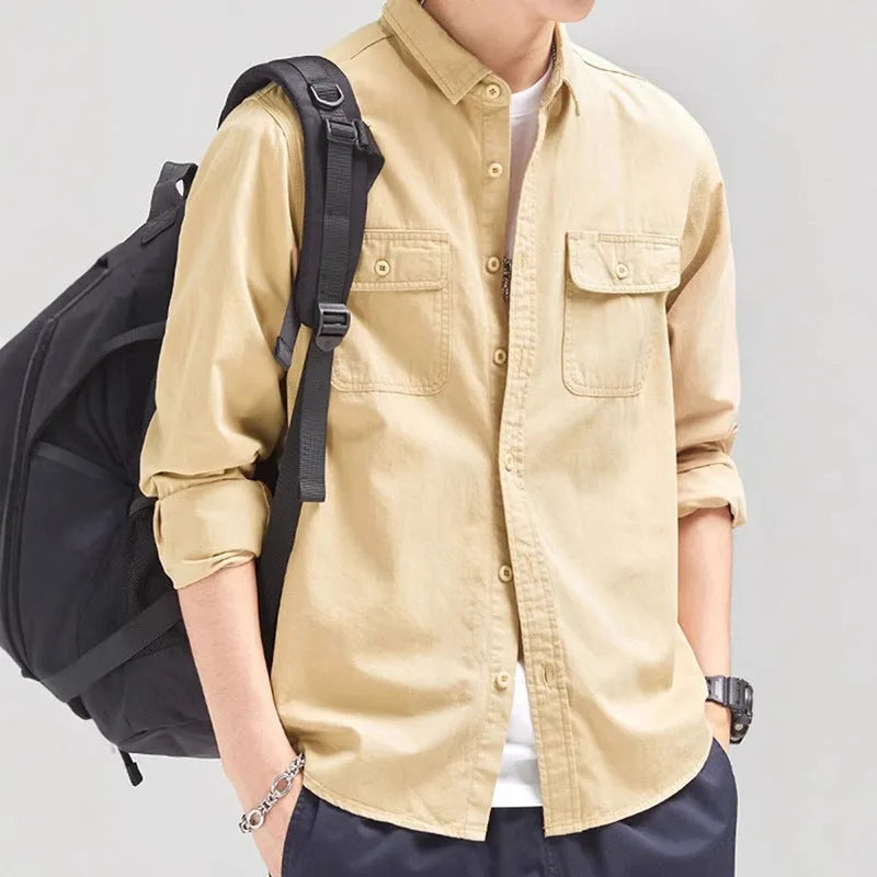 Men's loose fit long sleeve polyester shirt cardigan in light grey, black, khaki or green colours