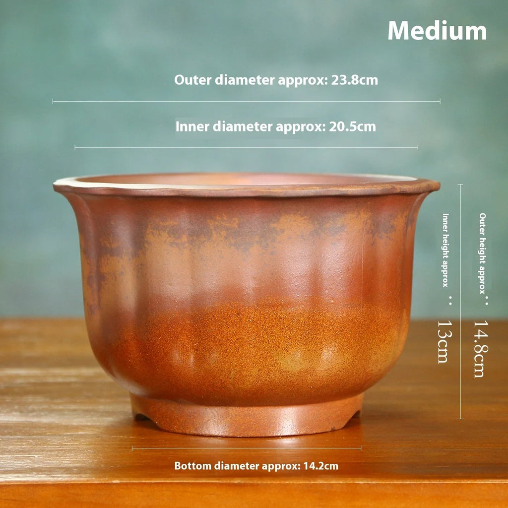 Classical carved ceramic bonsai pot in S1696 firewood brown with antique wood-burning finish