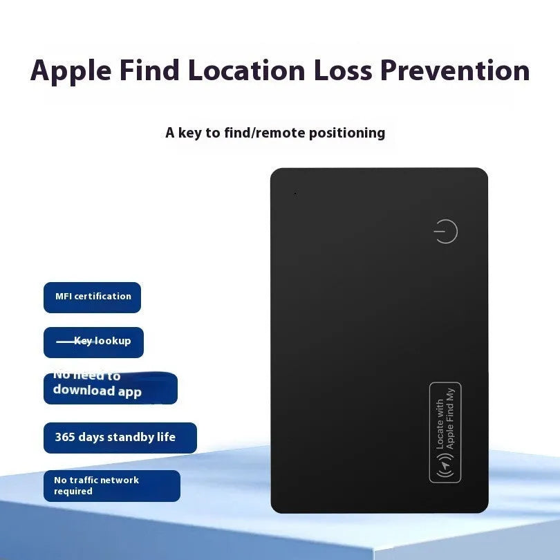 Black ultra-thin anti-loss alarm card for Apple devices with wallet placement