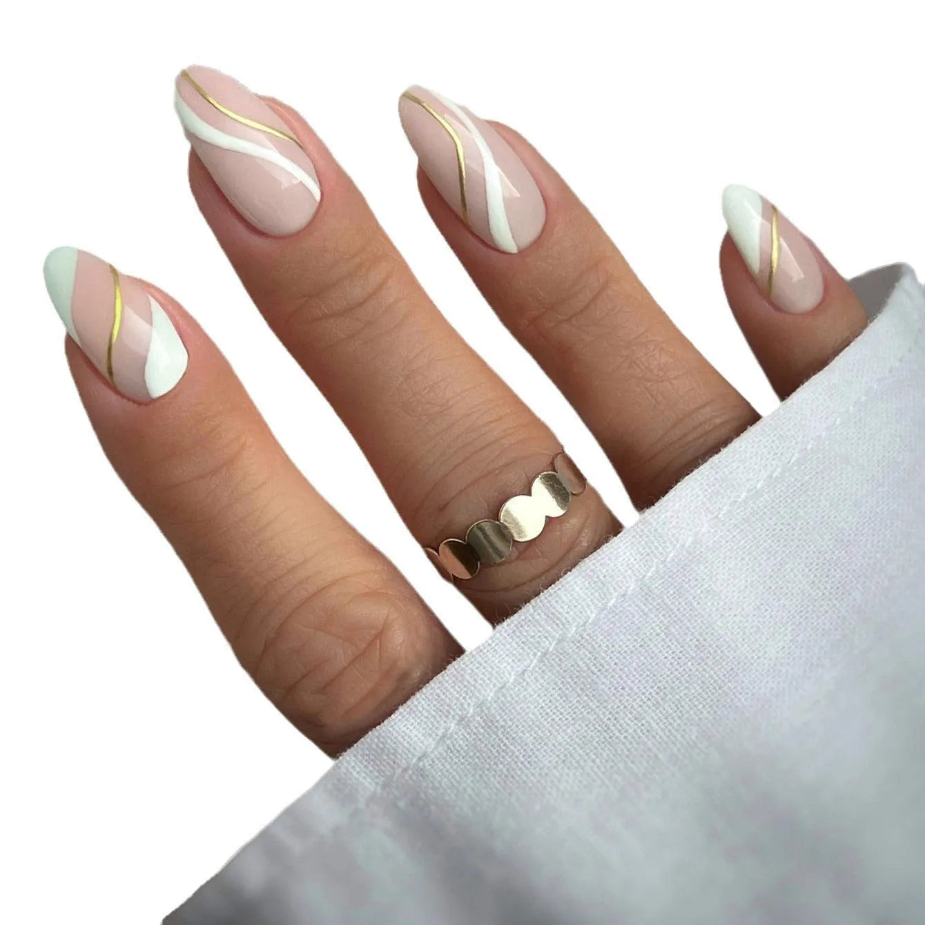 Golden Lines wearable nail stickers showing plaid pattern in JF0518 jelly glue colour on medium drop shaped plastic armour