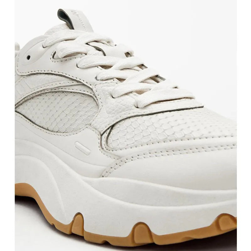 Women's beige off white round toe sneakers with top layer cowhide upper, cross straps, and thick sole