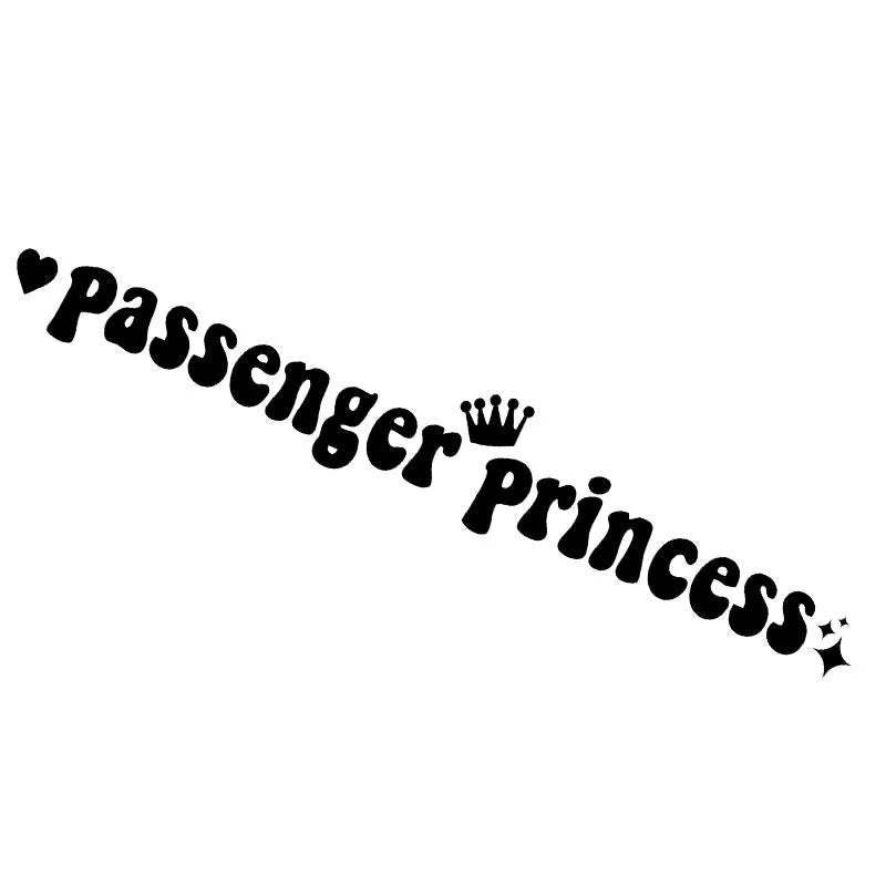 Passenger Princess humorous car sticker shown in multiple colour options on car rearview mirror
