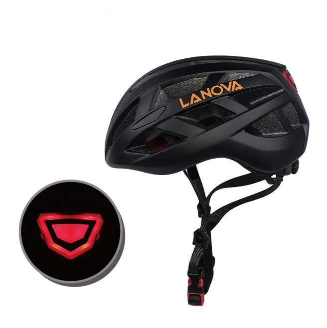 One-piece bicycle helmet with warning light, aerodynamic design, 23 vents, PC EPS, matte black colour