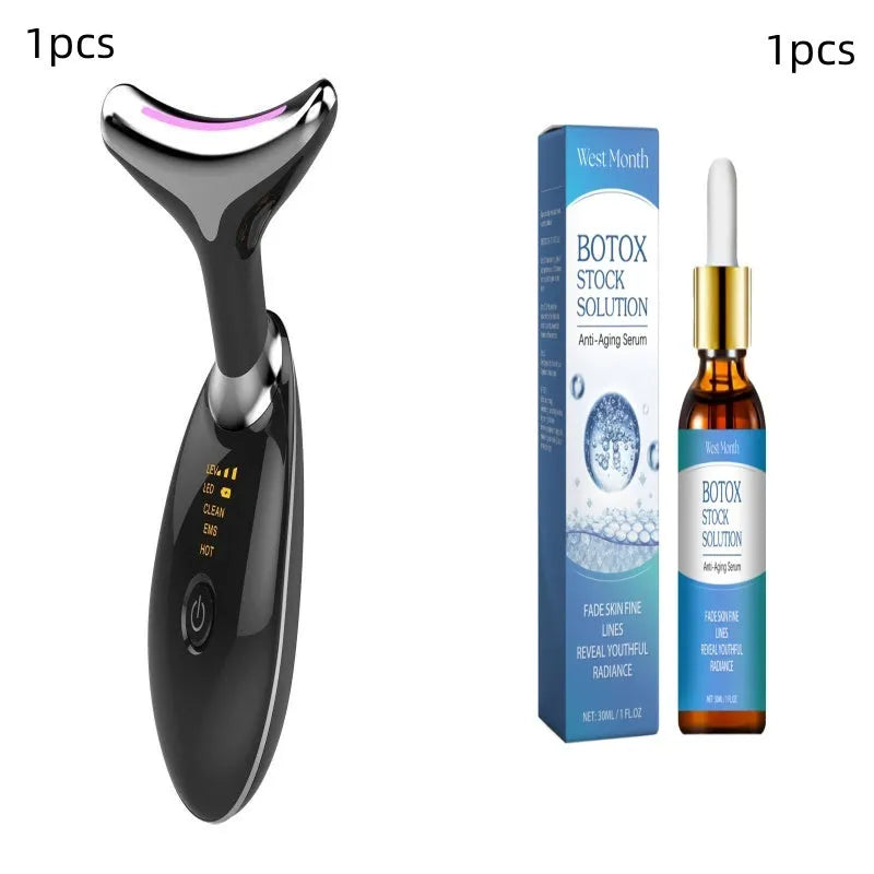 EMS thermal neck lifting massager device with LED lights on, shown on skin.