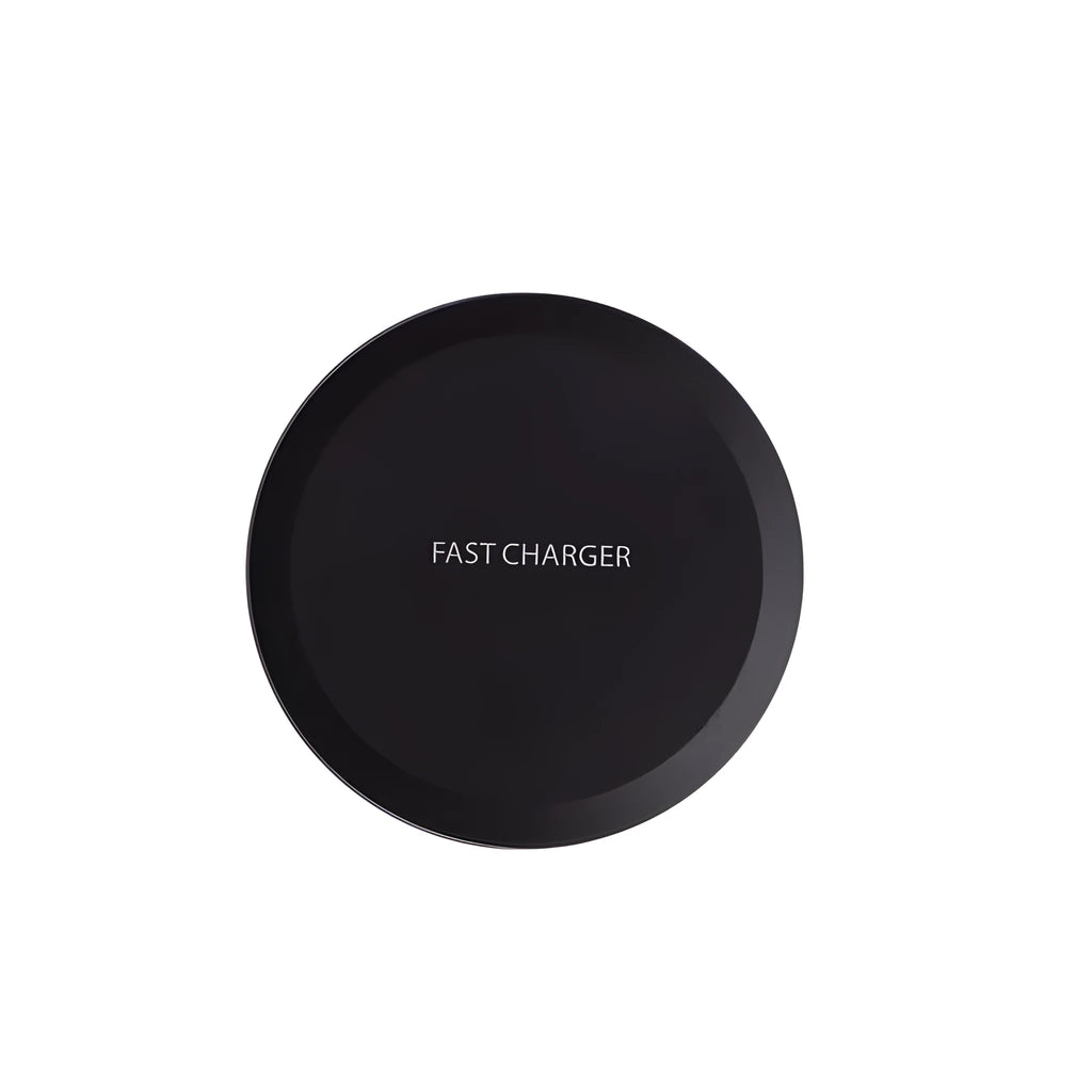 Ultra-thin wireless charger for mobile phone, black, with USB cable, showing charging indicator light