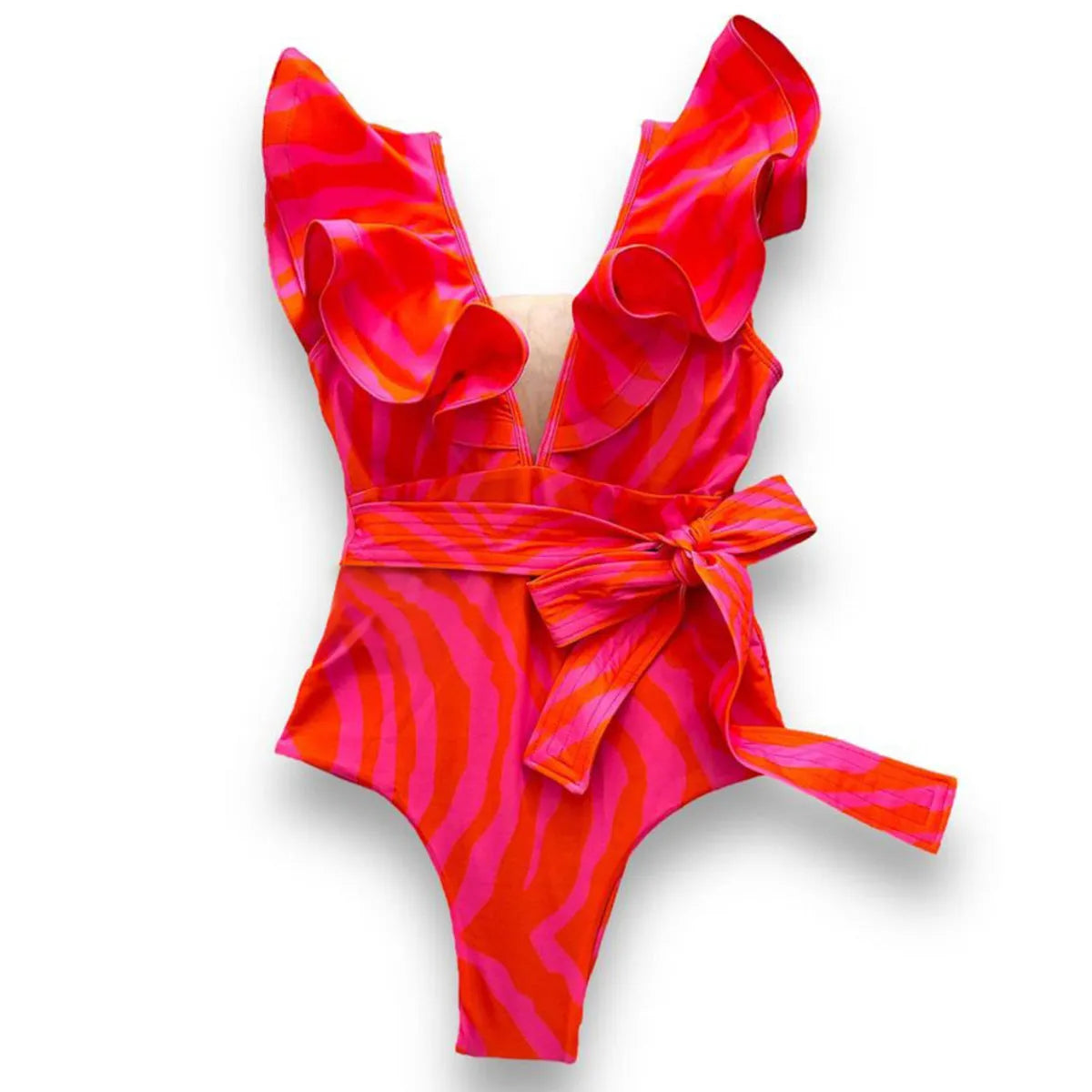 Women's printed one-piece swimsuit with double shoulder straps and a deep V neckline