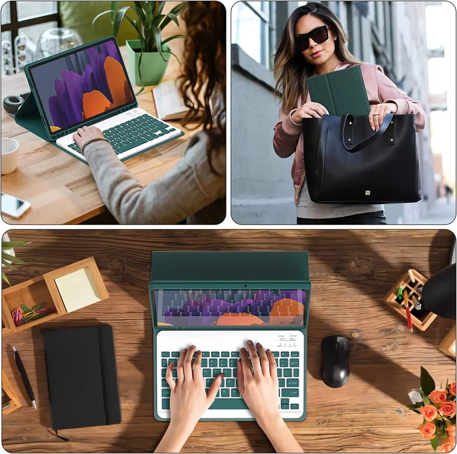 Samsung Galaxy tablet in a TPU case with a Bluetooth keyboard and a charging mouse alongside.