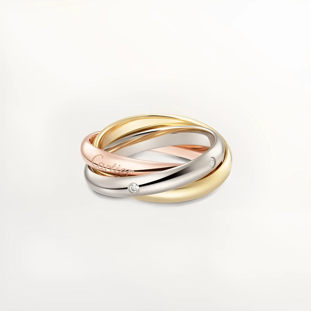 Sterling silver couple ring with full diamond setting and U-shaped geometric design on a finger.