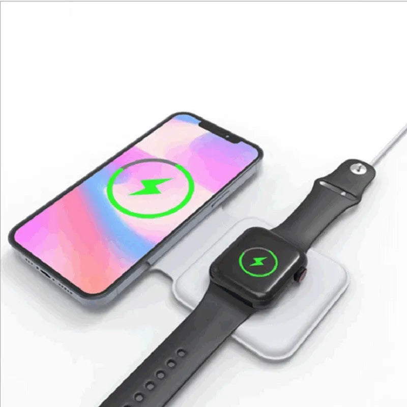 White folding dual magnetic wireless charging dock showing 180-degree angle adjustment.