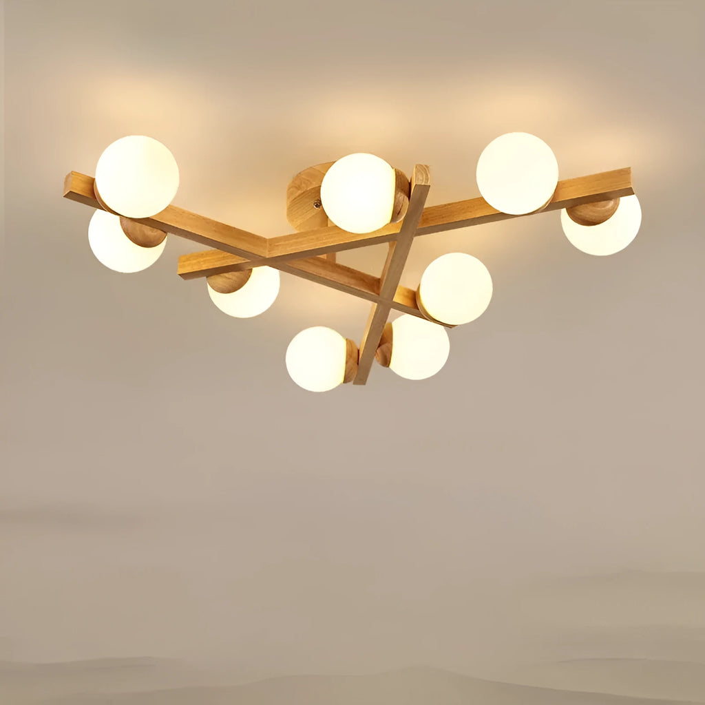 Modern wooden-style Nordic ceiling light fixture with three adjustable heads.