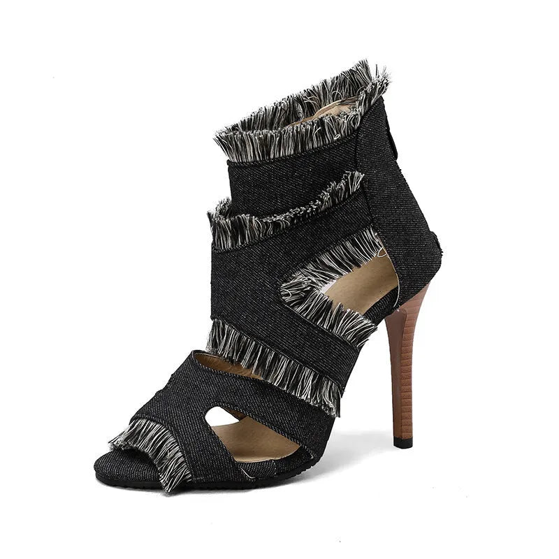 Plus size denim high heel sandals in plaid pattern with extended sizing options