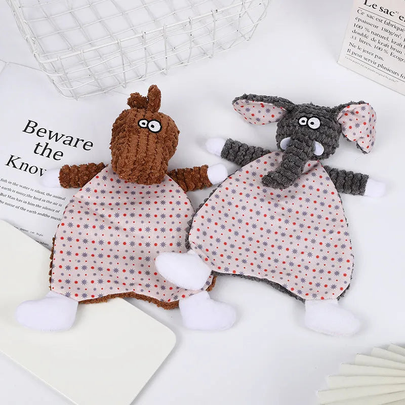 Brown, gray and orange plush pet toys in fox and elephant shapes with velvet texture