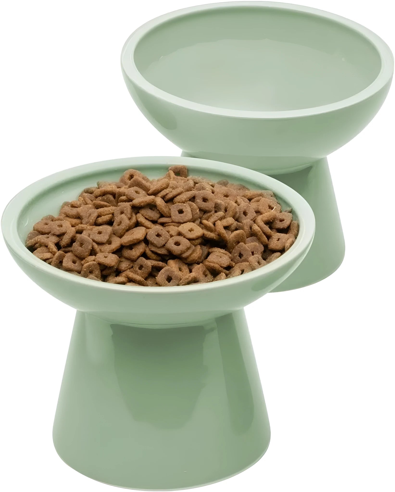 Blue ceramic elevated cat bowl with wide shallow design for food or water