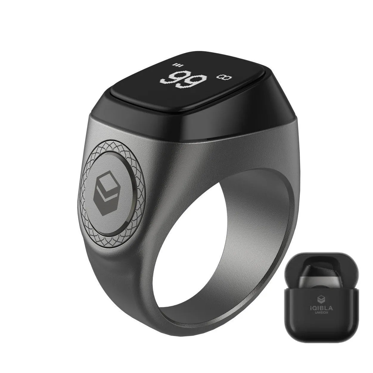 Zikr1 metal smart ring for Tasbih counting with OLED display, shown in silver colour.