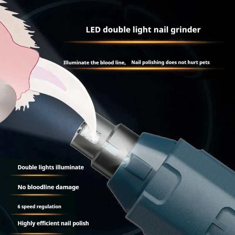 Dark blue USB-powered pet nail grinder with LED light and 6-speed rotary control knob