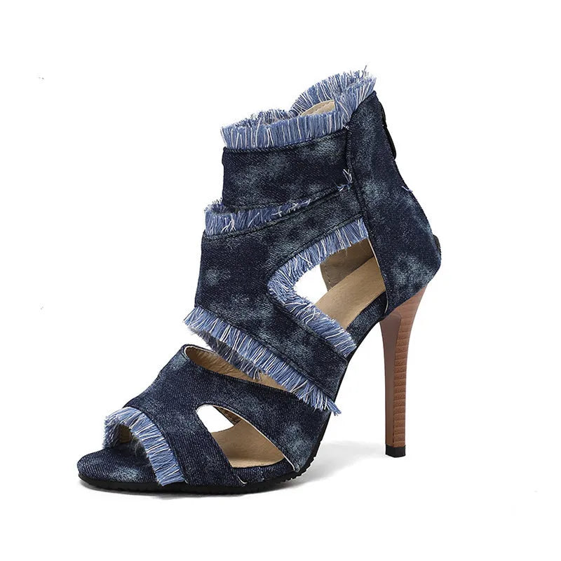 Plus size denim high heel sandals in plaid pattern with extended sizing options