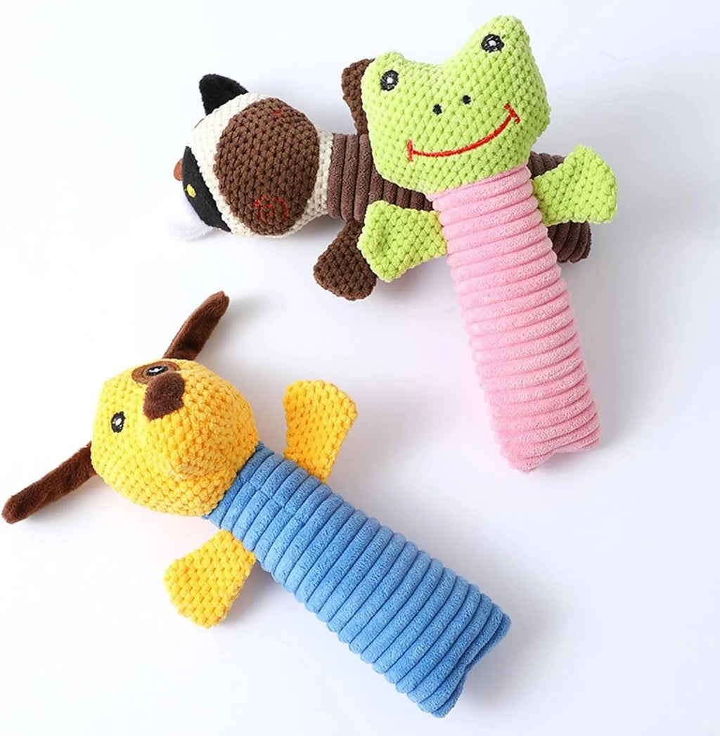 Squeaky stuffed dog chew toy in calf, frog, or puppy shape on white background