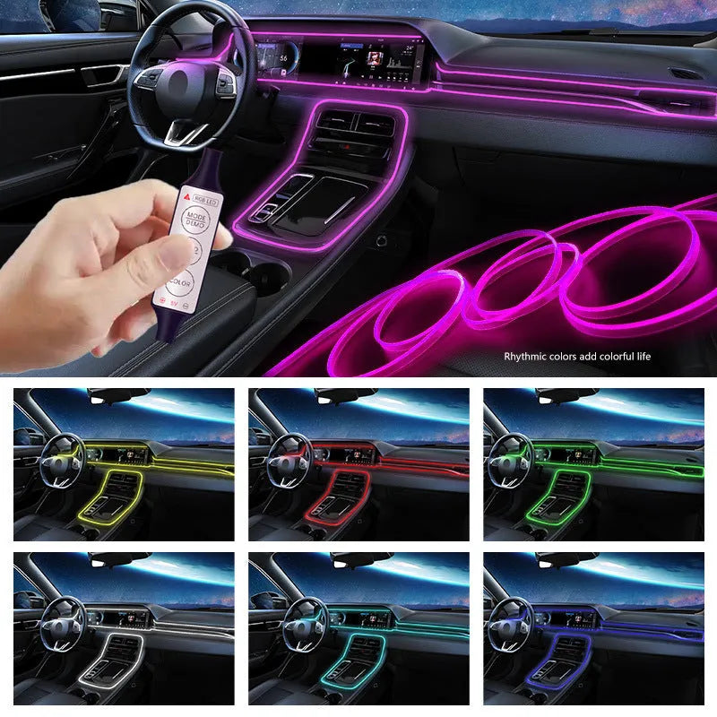 USB car interior LED light strip with wireless controller showing RGB colourful lighting