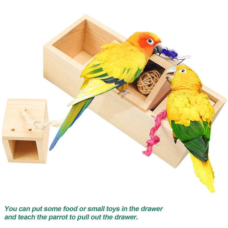 Wooden parrot foraging puzzle toy set with multiple pieces for bird training
