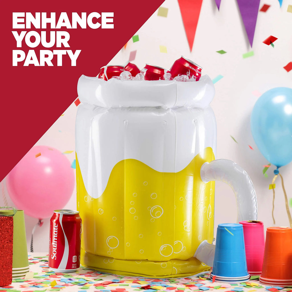 Large yellow inflatable beer mug drink cooler floating in a swimming pool.