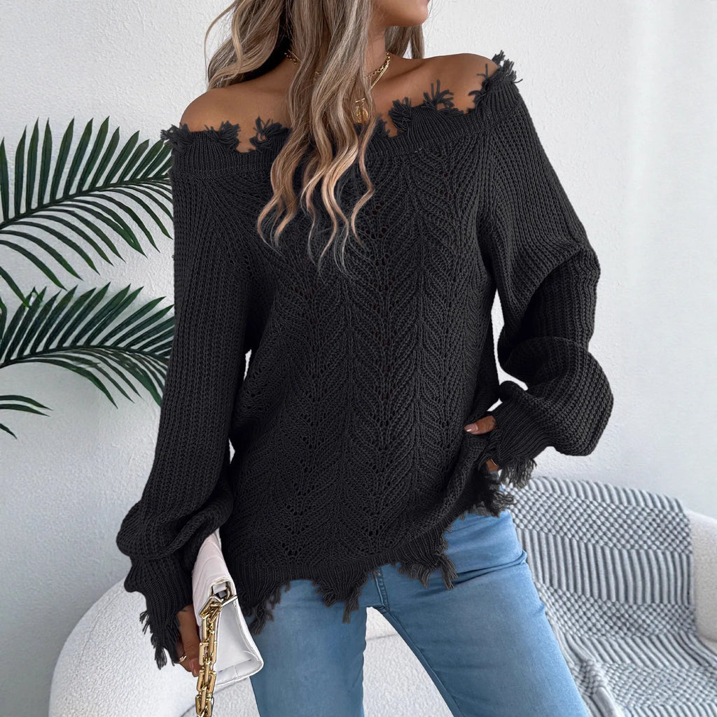White hollow-out cut off-the-shoulder acrylic wool pullover sweater on a hanger.