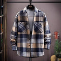 Men's plaid lapel shirt coat in polyester fibre, available in red, blue, and khaki, Asian sizes M to 3XL