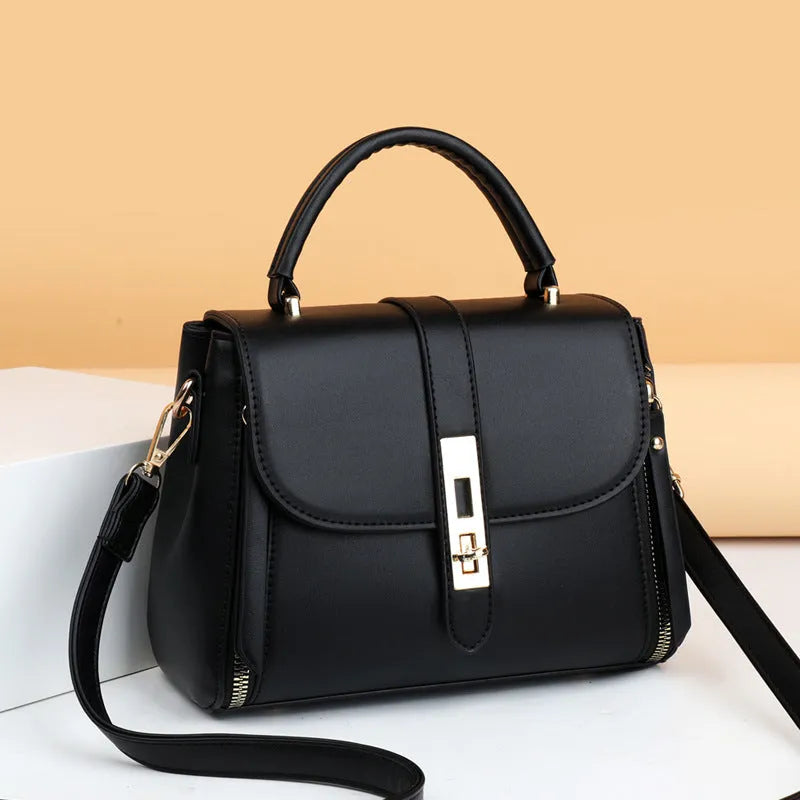 Soft PU leather women's messenger bag in a square vertical shape, shown in one of four colour options.