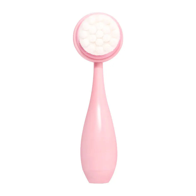 Purple, grey, white, and pink facial brush set with coral fleece hair band and nylon bristles.