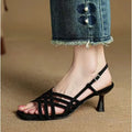 Retro soft leather women's sandals with thin cross straps, square toe, and a mid-height block heel