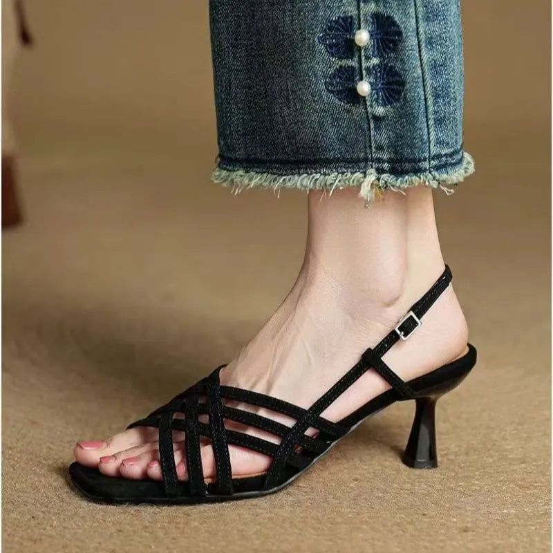 Retro soft leather women's sandals with thin cross straps, square toe, and a mid-height block heel