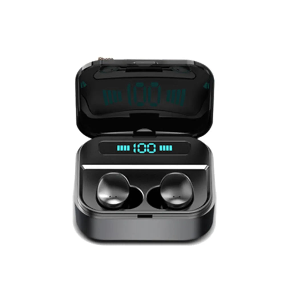 X7LED black and white sports Bluetooth in-ear headphones with USB charging case on a table