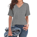 Grey loose casual V-neck T-shirt with chest pocket, short sleeves