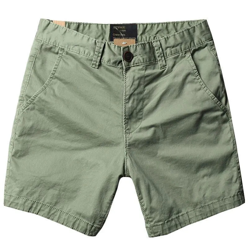 Men's cotton loose straight-leg shorts with zipper fly in camouflage green colour