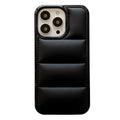 Candy Down Jacket Shape Phone Case for iPhone in black, white, rose red, or green showing puffer texture and dual-material build.