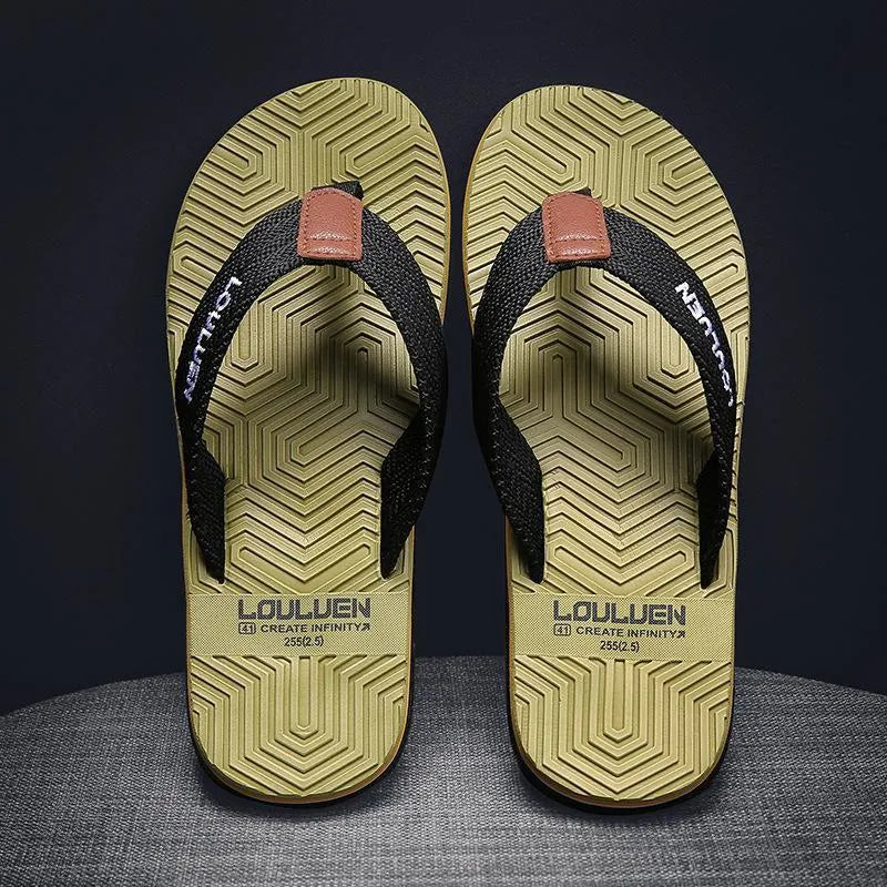 Men's black flip flops with open toe, EVA upper and textured PVC sole.