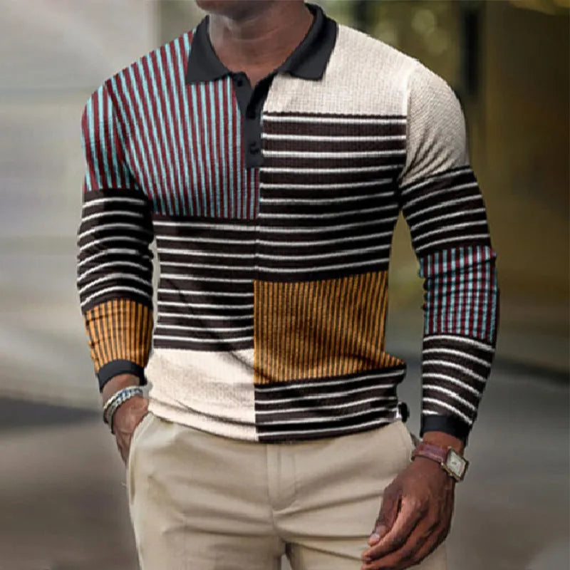 Men's grey striped long-sleeved top with 3D printed pattern, casual style