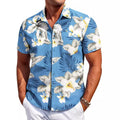 Men's slim-fit Hawaiian short-sleeve shirt in elastic polyester fabric on a hanger.