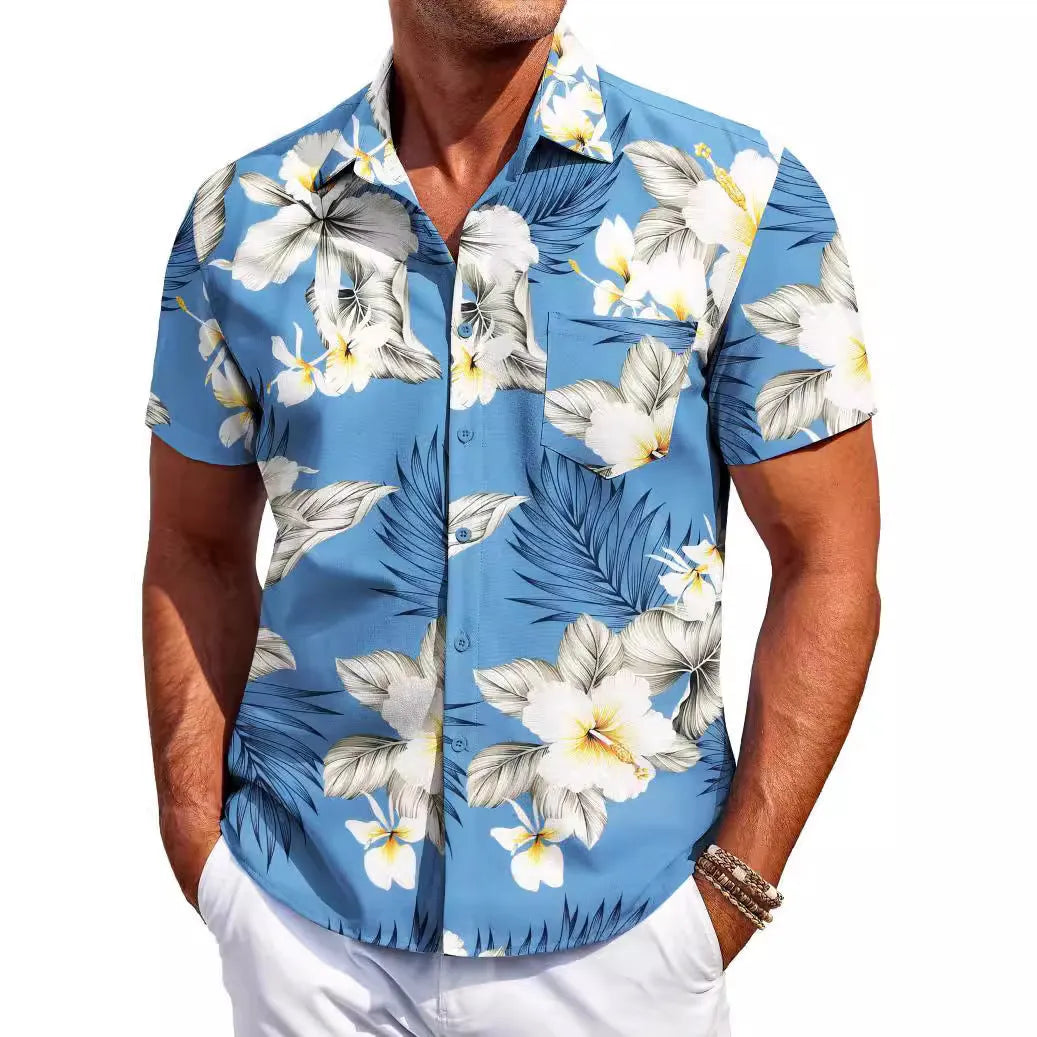 Men's slim-fit Hawaiian short-sleeve shirt in elastic polyester fabric on a hanger.