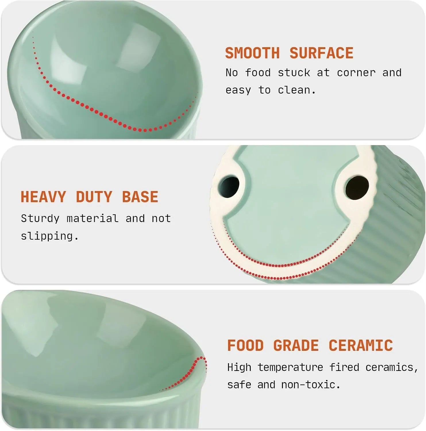 Ceramic elevated cat bowl in light green colour, showing its raised height and round, whisker-friendly shape.