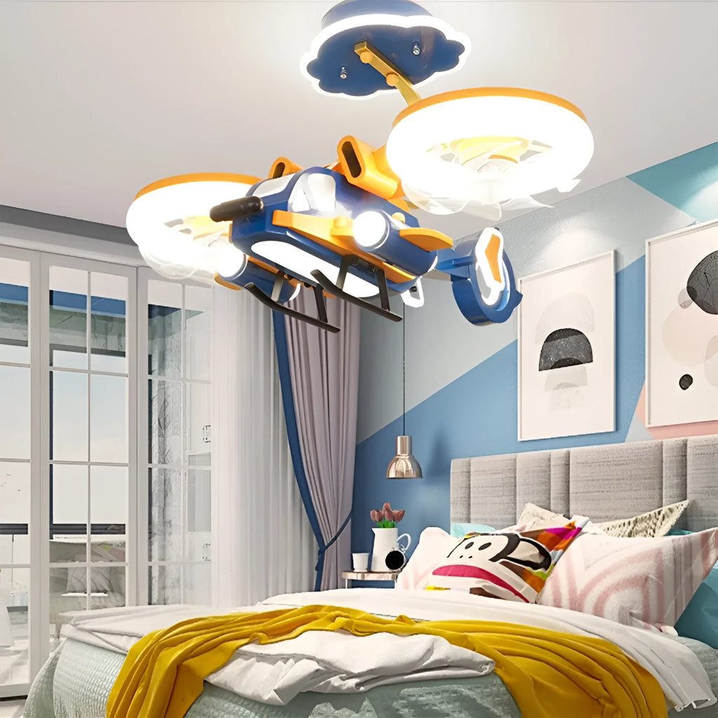 Yellow and blue ceiling fan light with fixed metal blades and acrylic lampshade for bedroom installation