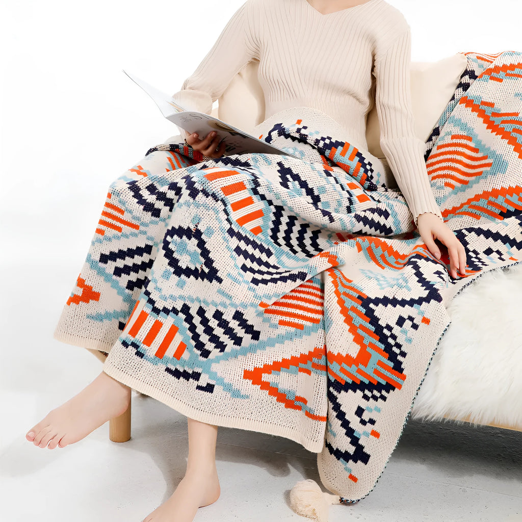Bohemian-style acrylic sofa blanket with tassel fringe in geometric pattern colour option