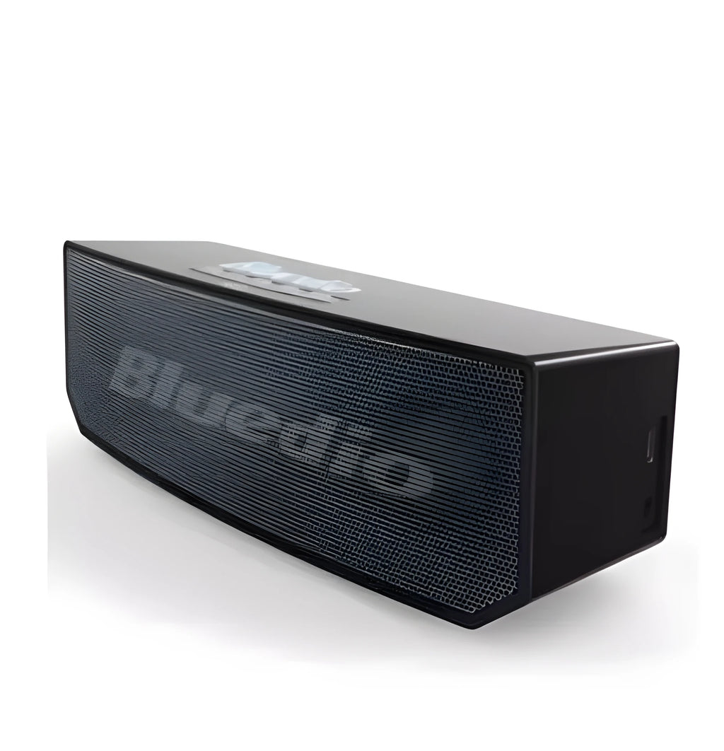 Black BS-6 cloud smart speaker with compact dimensions and micro-USB charging port