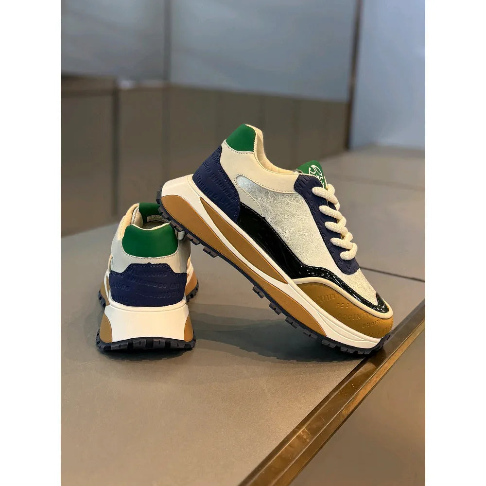 Men's thick sole retro dad shoes in synthetic leather with lace-up front and mid heel