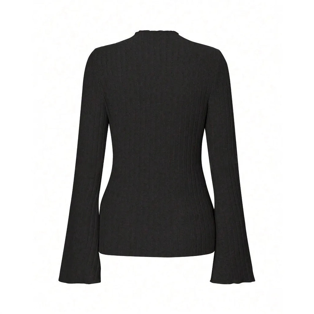 Long sleeve round neck top with lantern sleeves in black colour, slim fit design